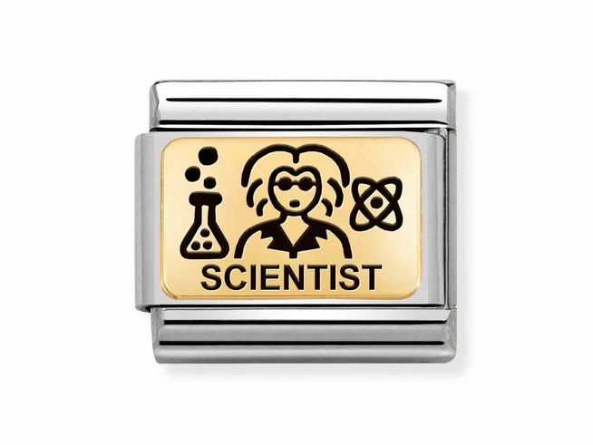 Edelstahl und Gold 585 Charm der Marke Nomination mit dem Motiv eines Wissenschaftlers, bestehend aus einer Figur mit Laborausrüstung und dem Schriftzug Scientist. Emaillierte Details in Gold.