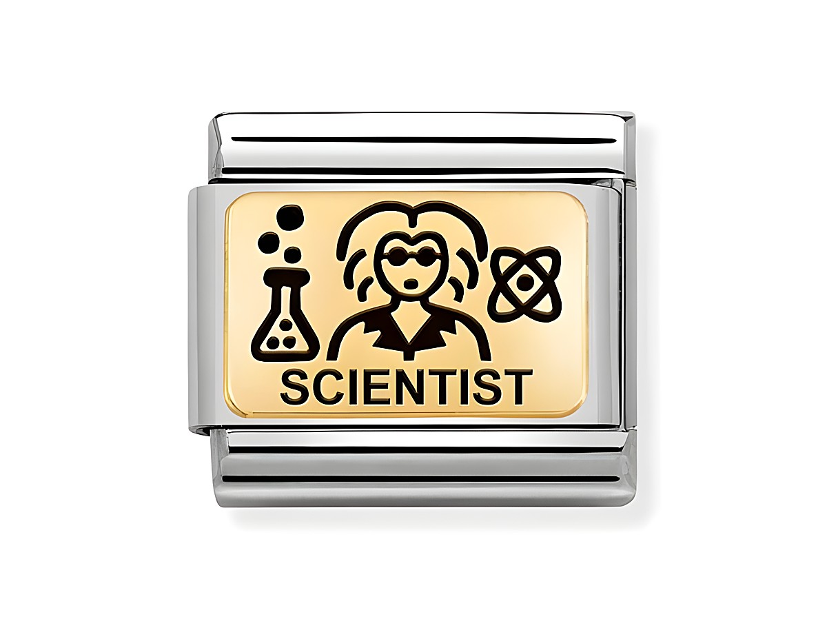 Edelstahl und Gold 585 Charm der Marke Nomination mit dem Motiv eines Wissenschaftlers, bestehend aus einer Figur mit Laborausrüstung und dem Schriftzug Scientist. Emaillierte Details in Gold.