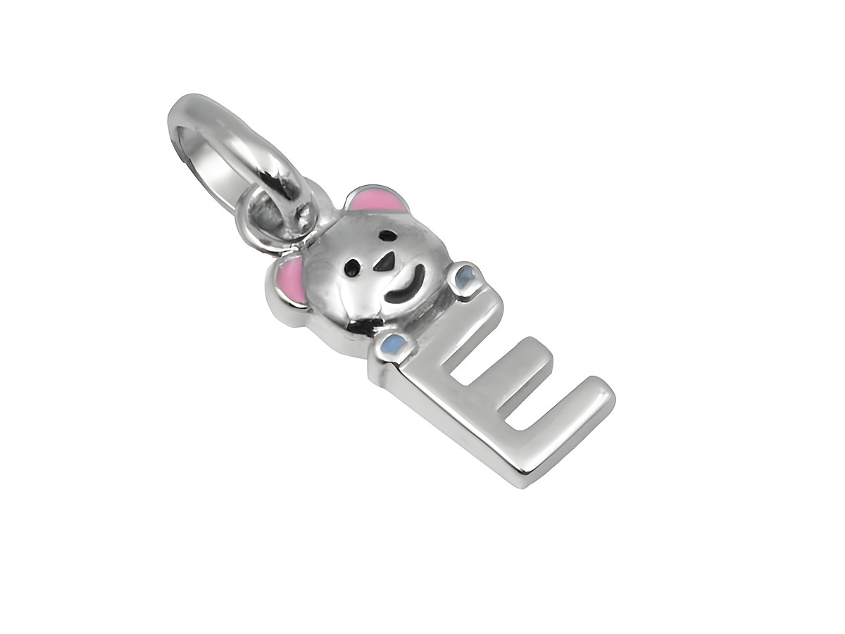 Teddy-Anhänger aus poliertem rhodiniertem 925 Sterling Silber mit dem Buchstaben E, ideal für Kinder, hergestellt von Juwelier Harnisch.