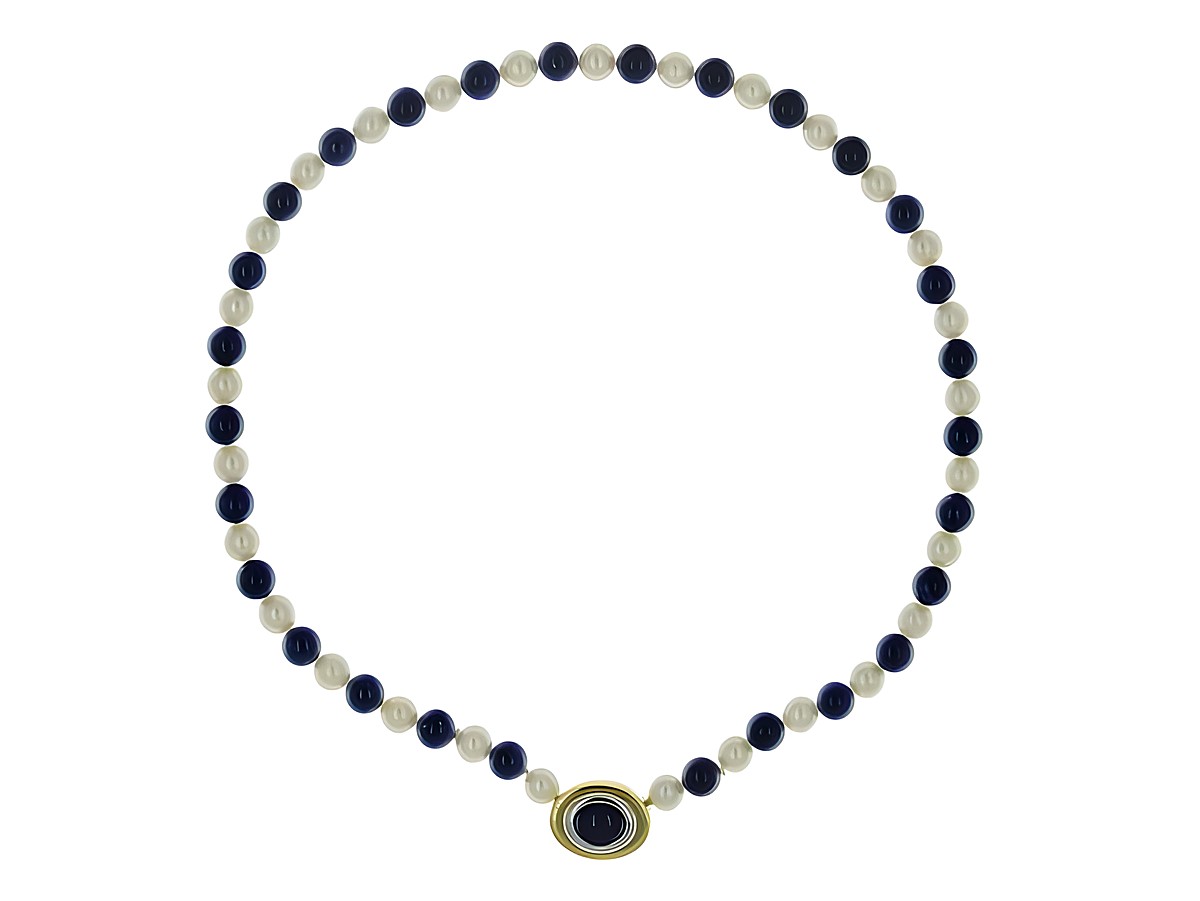Perlenkette mit Akoya-Zuchtperlen in Weiß und Lapislazuli in Blau, Durchmesser 7,5-8,5 mm, 47 cm lang, Bicolor, mit einem eleganten Schmuckstück des Herstellers Juwelier Harnisch. – Ansicht 3