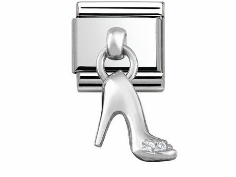Edelstahl Charm in Form eines hohen Schuhs mit silberner Farbe und glitzernden Details, Hersteller Nomination, Modell 331800 07 Classic CHARMS.