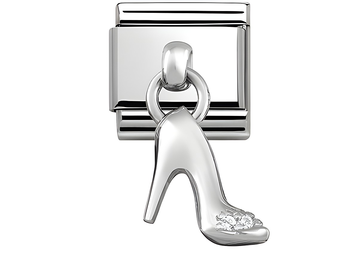 Edelstahl Charm in Form eines hohen Schuhs mit silberner Farbe und glitzernden Details, Hersteller Nomination, Modell 331800 07 Classic CHARMS.