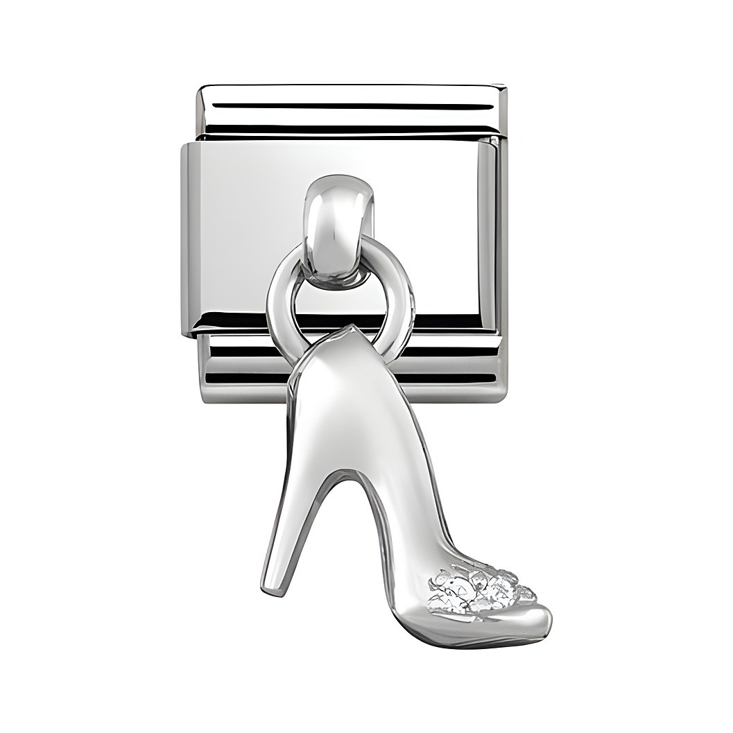 Edelstahl Charm in Form eines hohen Schuhs mit silberner Farbe und glitzernden Details, Hersteller Nomination, Modell 331800 07 Classic CHARMS.