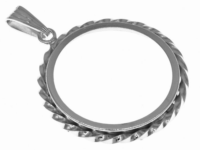 Münzfassung Anhänger mit Kordel aus echt Silber, rhodiniert, max. Durchmesser 27,4 mm für Münzen bis 3,0 cm, Hersteller Juwelier Harnisch. Elegantes und edles Design.