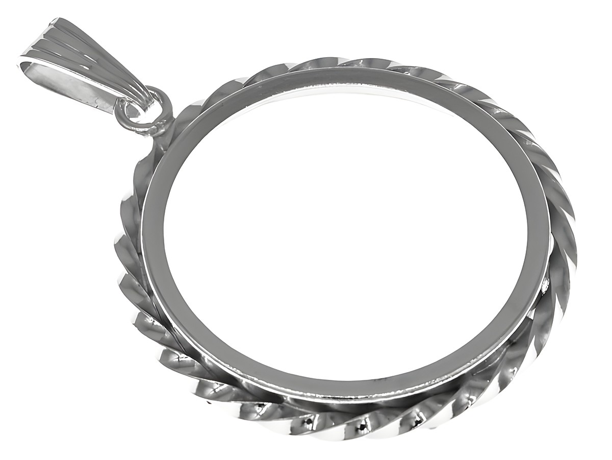 Münzfassung Anhänger mit Kordel aus echt Silber, rhodiniert, max. Durchmesser 27,4 mm für Münzen bis 3,0 cm, Hersteller Juwelier Harnisch. Elegantes und edles Design.