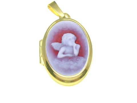 Schutzengel - Rote Achat Gemme - Gold 585 Medaillon mit fein detaillierter Darstellung eines Engelmotivs auf rotem Hintergrund, kombiniert mit einem eleganten goldenen Rahmen.