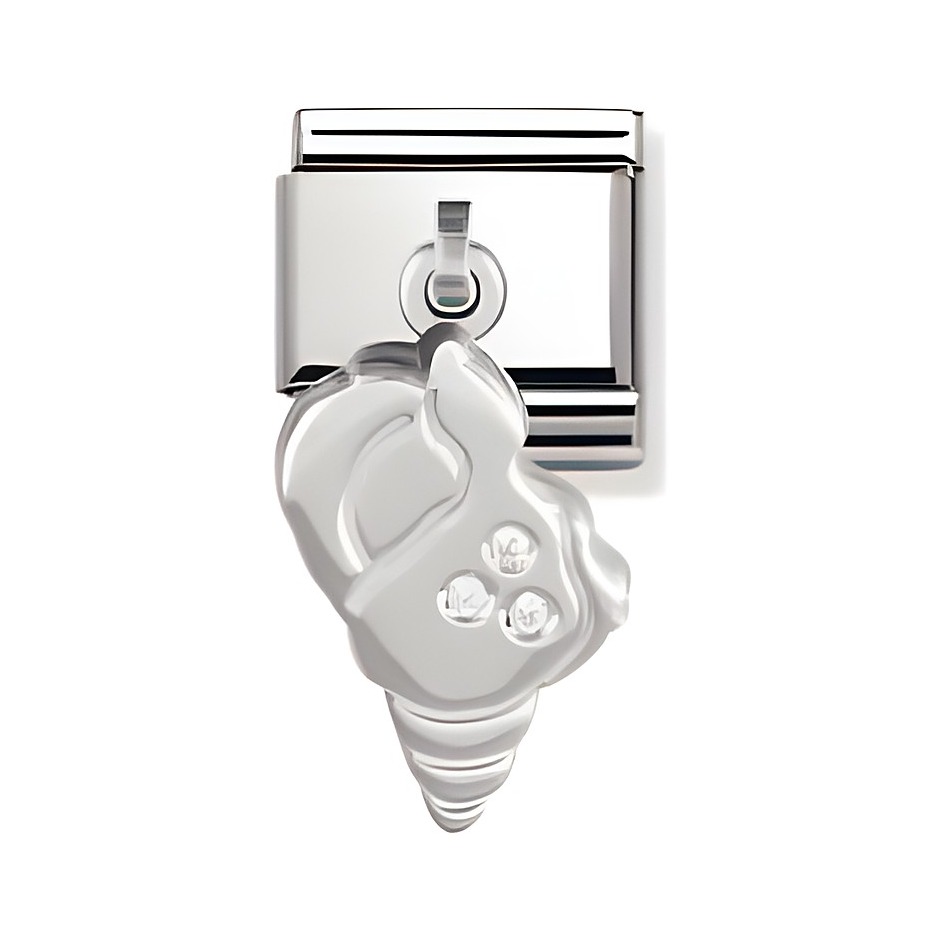 NOMINATION Classic Anhänger Charms Muschel 031710 02 aus Edelstahl mit detaillierter Muschelform und drei klaren Steinen, ideal für individuelle Schmuckgestaltungen.