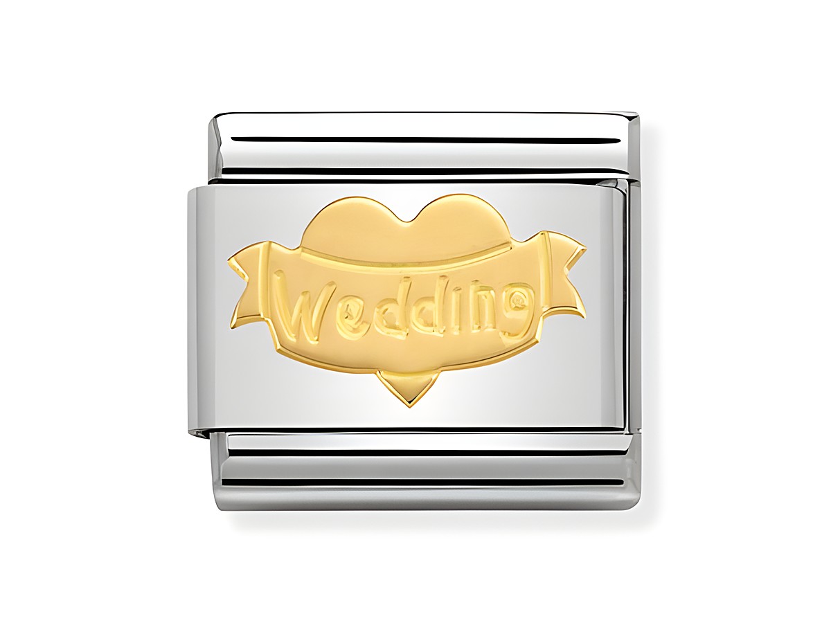 Hochwertiger Charm von Nomination mit der Aufschrift Wedding und einem Herzmotiv in Gold auf silbernem Hintergrund, ideal für Hochzeitsgeschenke oder Uhrenarmbänder.