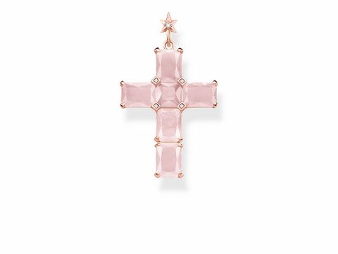 Thomas Sabo PE890-417-9 Anhänger aus Silber und Roségold in Kreuzform mit pinkem Stein und einer kleinen Sternapplikation oben. Der Anhänger vereint elegantes Design und stilvolle Farben.
