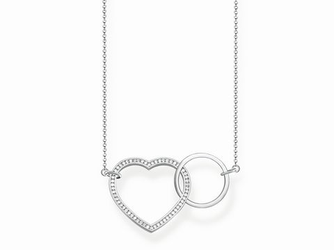 Silberne Kette von Thomas Sabo mit einem herzförmigen Anhänger und einem runden Ring, erhältlich in Längen von 75, 77,5 und 80 cm. Perfekt für stilvolle Akzente.