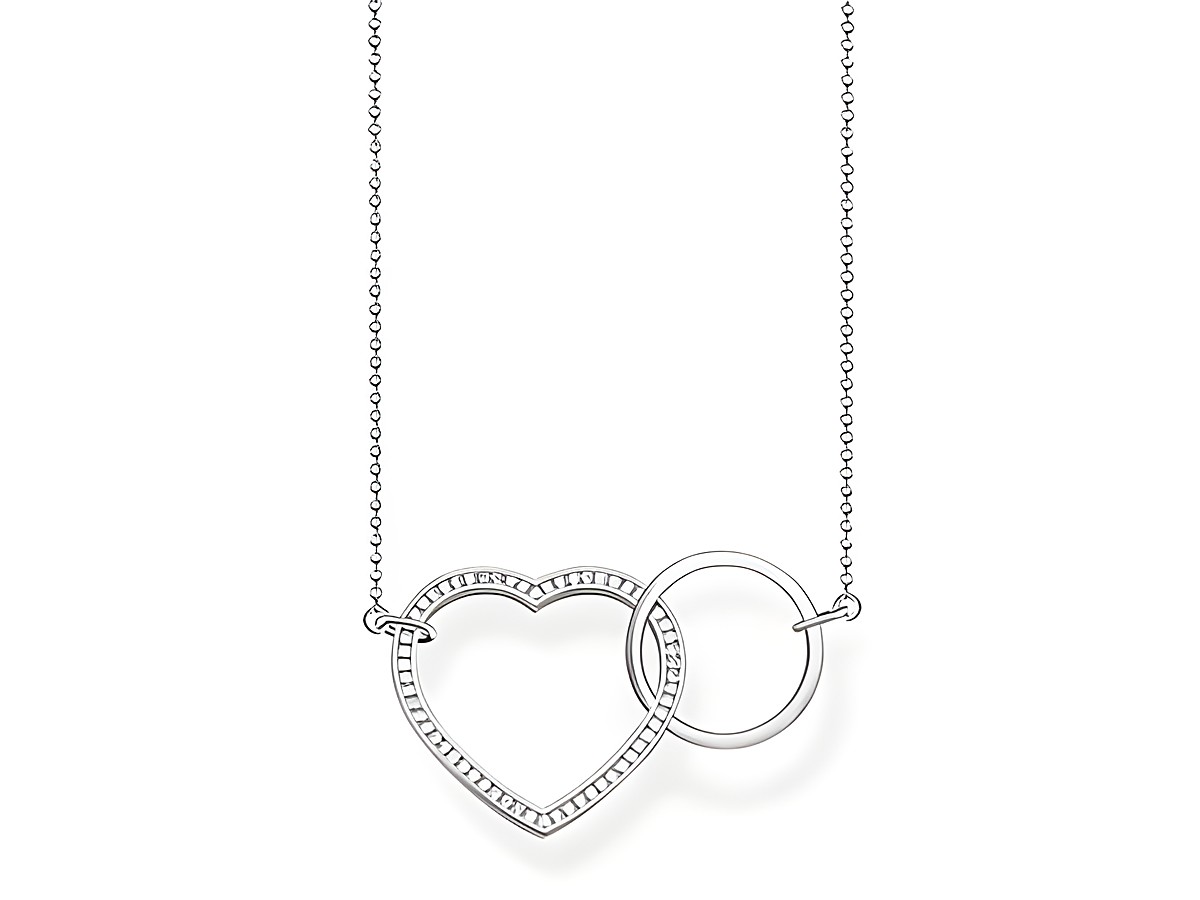 Silberne Kette von Thomas Sabo mit einem herzförmigen Anhänger und einem runden Ring, erhältlich in Längen von 75, 77,5 und 80 cm. Perfekt für stilvolle Akzente.