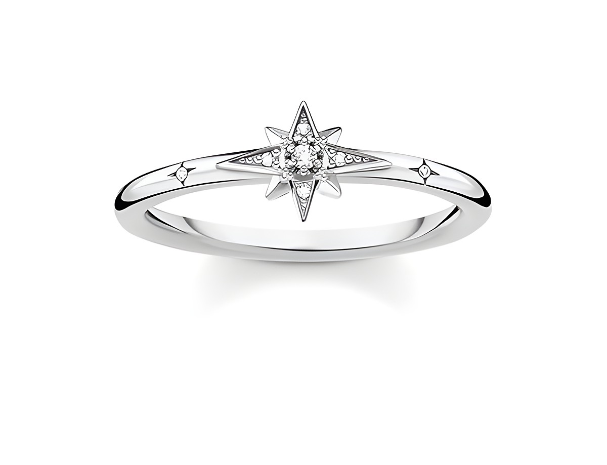 Thomas Sabo TR2317-051-14-48 Ring in Silber Größe 48 mit klaren Zirkonia, das Design zeigt einen stilisierten Stern in der Mitte und funkelnde Akzente auf der Ringschiene.