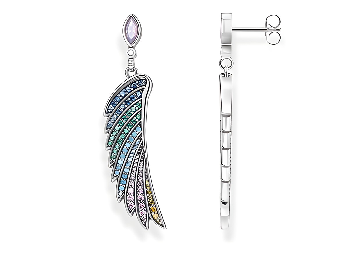 Ohrringe von Thomas Sabo, Modell H2103-347-7, aus Silber mit mehrfarbigen, funkelnden Steinen in Flügel-Design, ideal für einen eleganten Look.