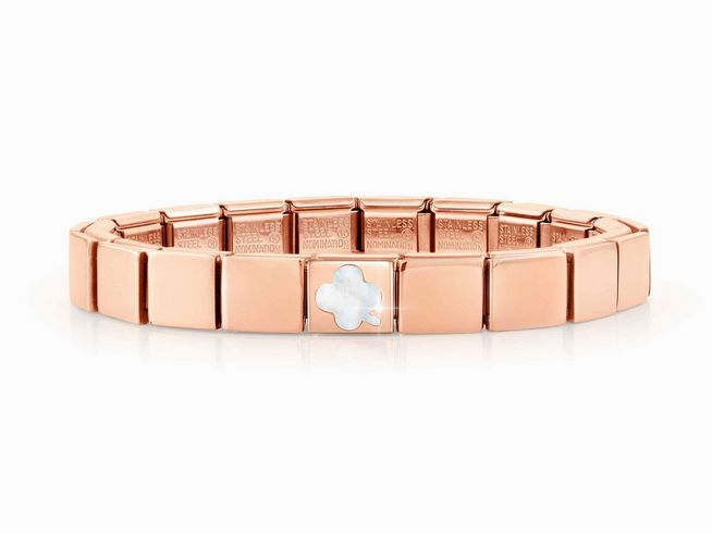 423910409-0 Edelstahl Armband in Roségold mit einem weißen Kleeblatt Anhänger aus Perlmutt, stilvolles Design für elegante Anlässe, Hersteller Nomination, Modellnummer 239104 09.