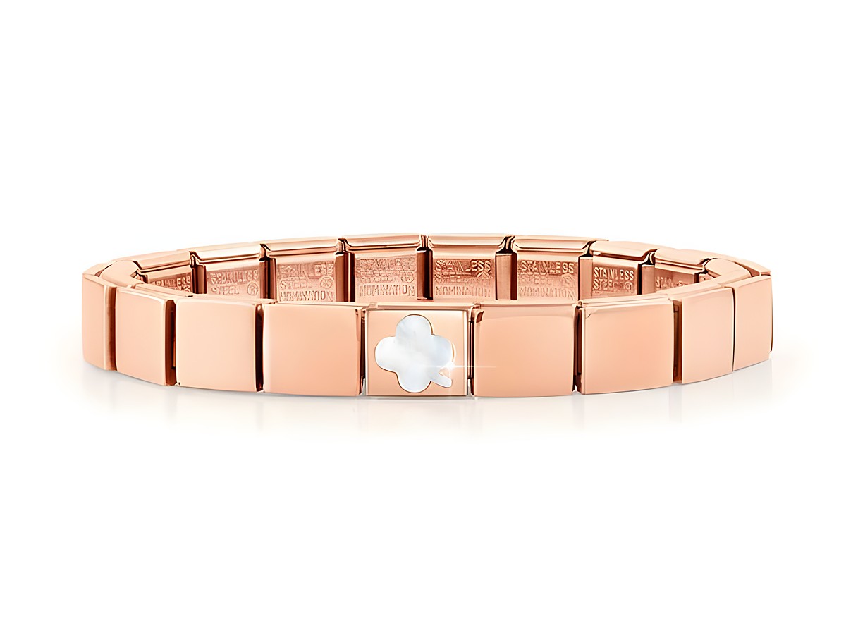 Edelstahl Armband in Roségold mit einem weißen Kleeblatt Anhänger aus Perlmutt, stilvolles Design für elegante Anlässe, Hersteller Nomination, Modellnummer 239104 09.