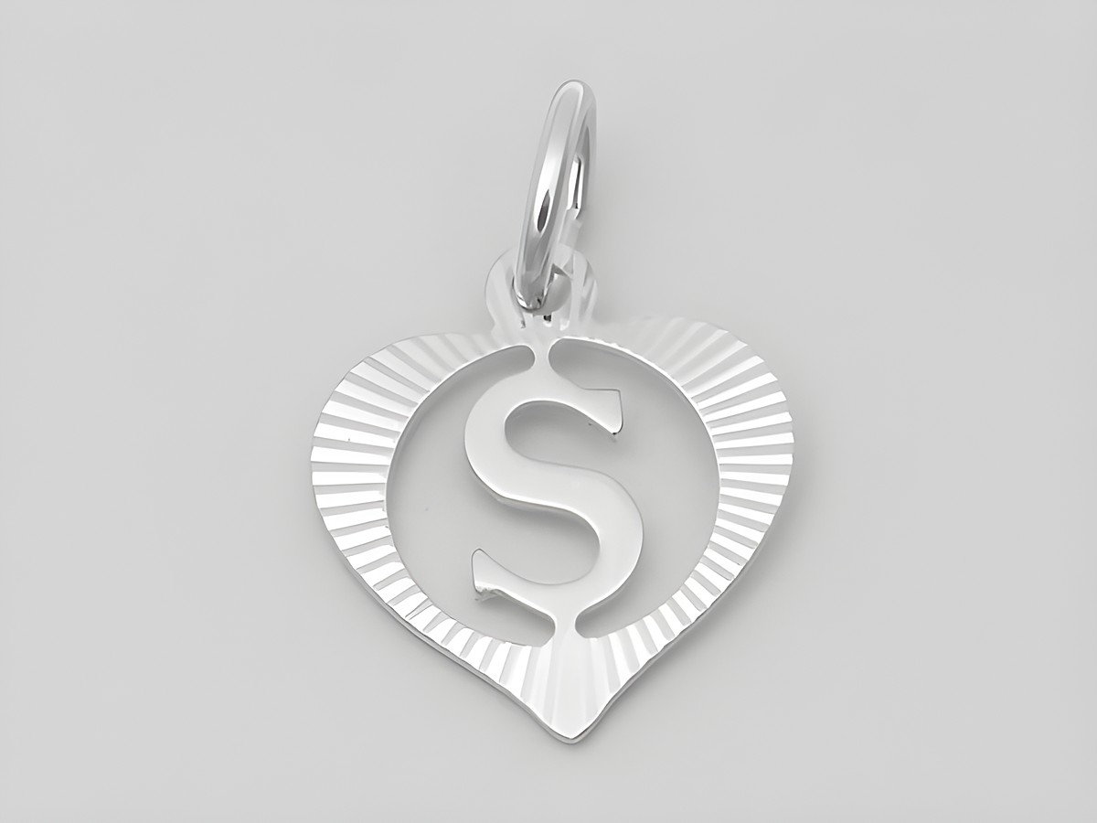 Silber Anhänger in Herzform, diamantiert, mit dem Buchstaben S, aus 925 Silber, Hersteller Juwelier Harnisch.