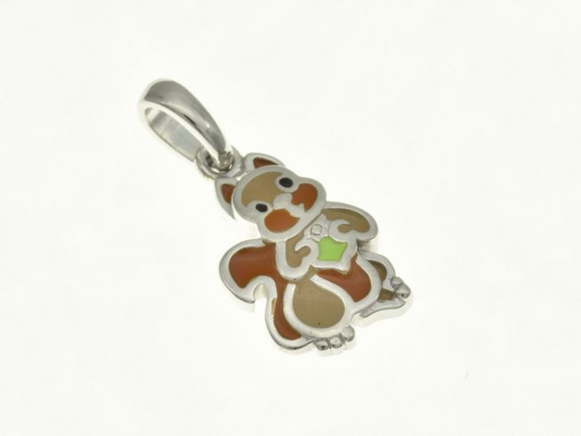 Eichhörnchen Anhänger aus rhodiniertem Sterling Silber mit Lackdetails, präsentiert den entzückenden Tiercharakter in bunten Farben, ideal für Kinder, Hersteller Juwelier Harnisch.
