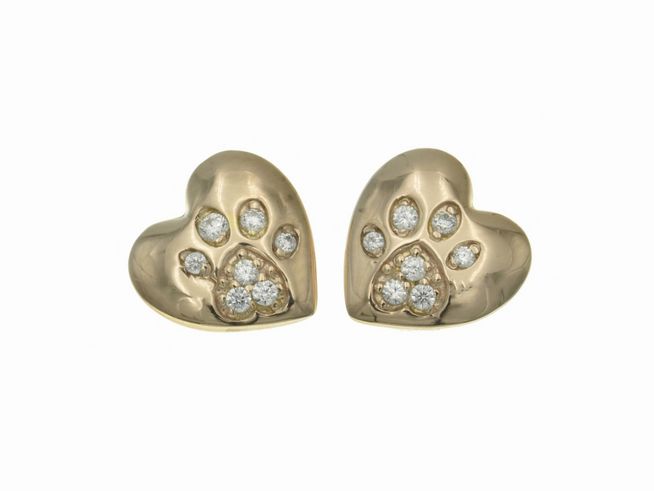 Ohrstecker Sterling Silber in Herzform mit Pfotenmotiv, poliert und vergoldet in Rosegold, verziert mit Zirkonia. Hersteller Juwelier Harnisch. Elegantes und tierliebes Design.