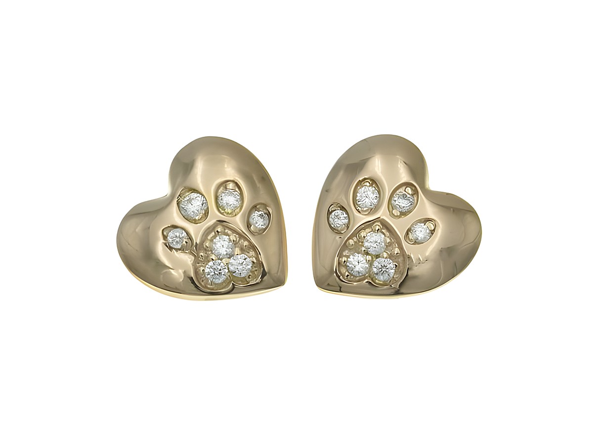 Ohrstecker Sterling Silber in Herzform mit Pfotenmotiv, poliert und vergoldet in Rosegold, verziert mit Zirkonia. Hersteller Juwelier Harnisch. Elegantes und tierliebes Design.