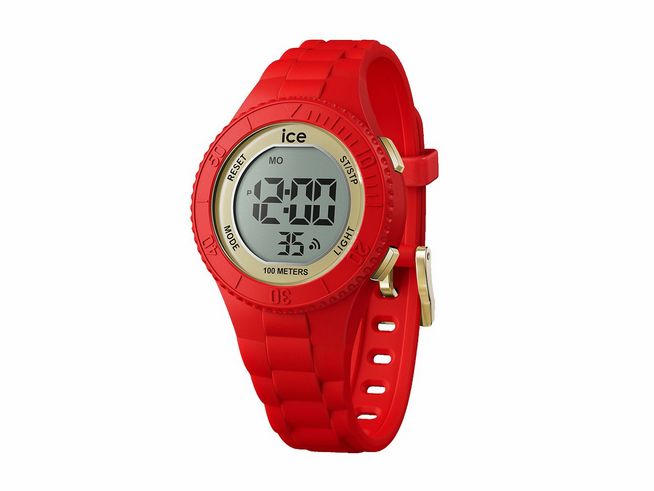 50441359-0 Die Ice watch 021620 ist eine digitale Armbanduhr in leuchtendem Rot mit einem goldenen Gehäuse, großer digitaler Anzeige und elastischem Silikonarmband, geeignet für 100 Meter Wasserdichtigkeit.