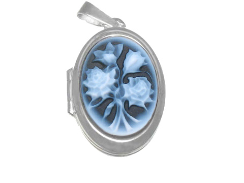 Rosen Silber Achat Gemme Medaillon rhodiniert von Juwelier Harnisch mit filigraner Darstellung von Rosen in sanften Blautönen. Elegantes Schmuckstück für besondere Anlässe.