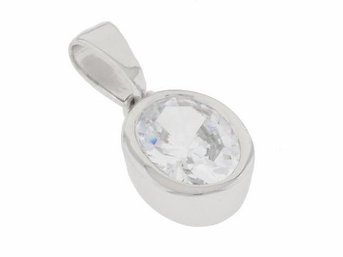 Silber Anhänger oval rhodiniert mit klarem Zirkonia, klassisches Design, Hersteller Juwelier Harnisch, ideal für eleganten Schmuck.