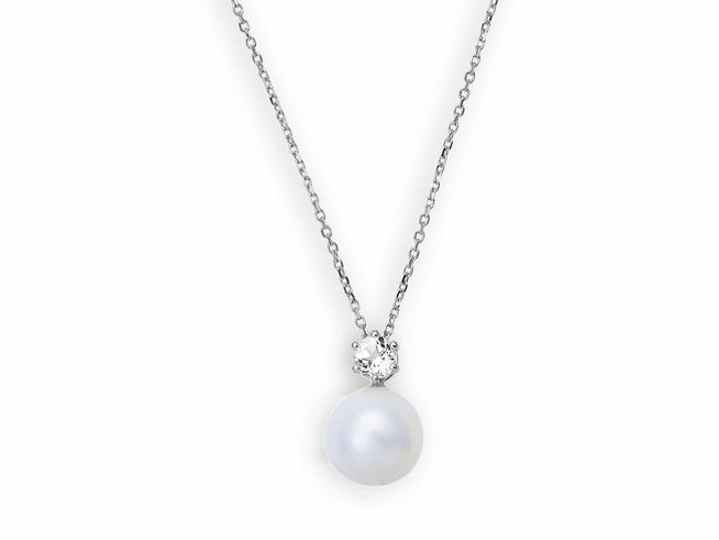 Xenox Weißgold Kette XG4304 mit 42 cm Länge, PEARL Design, besteht aus 375 Weißgold und zeigt eine elegante Kette mit einer Perle und einem funkelnden Anhänger.