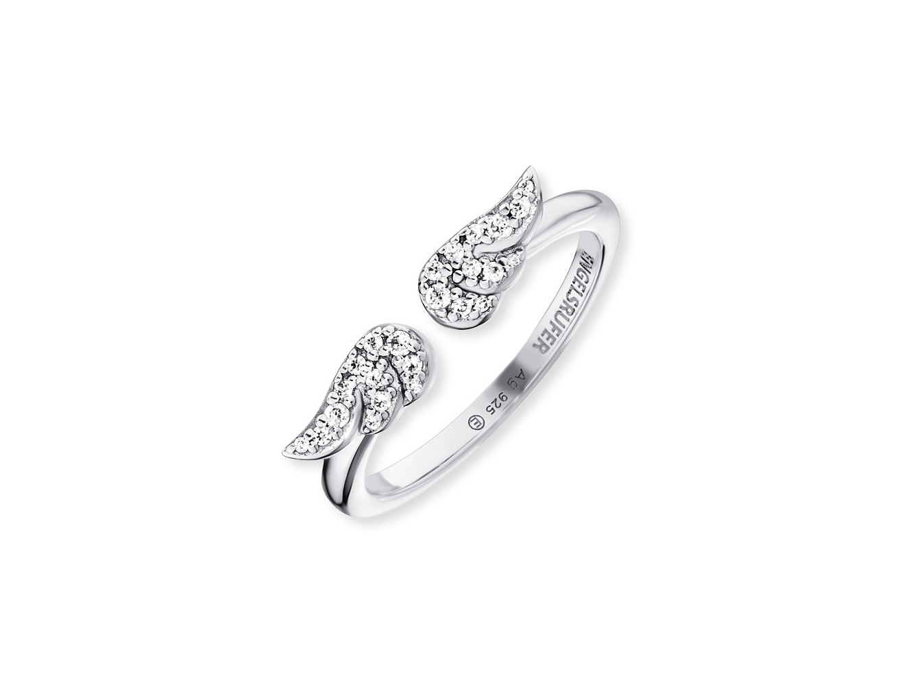Der Engelsrufer ERR-LILWING-ZI LILWING Ring zeigt ein elegantes Design mit Doppel-Flügeln, verziert mit funkelndem Zirkonia in rhodiniertem Silber, perfekt für jeden Anlass.