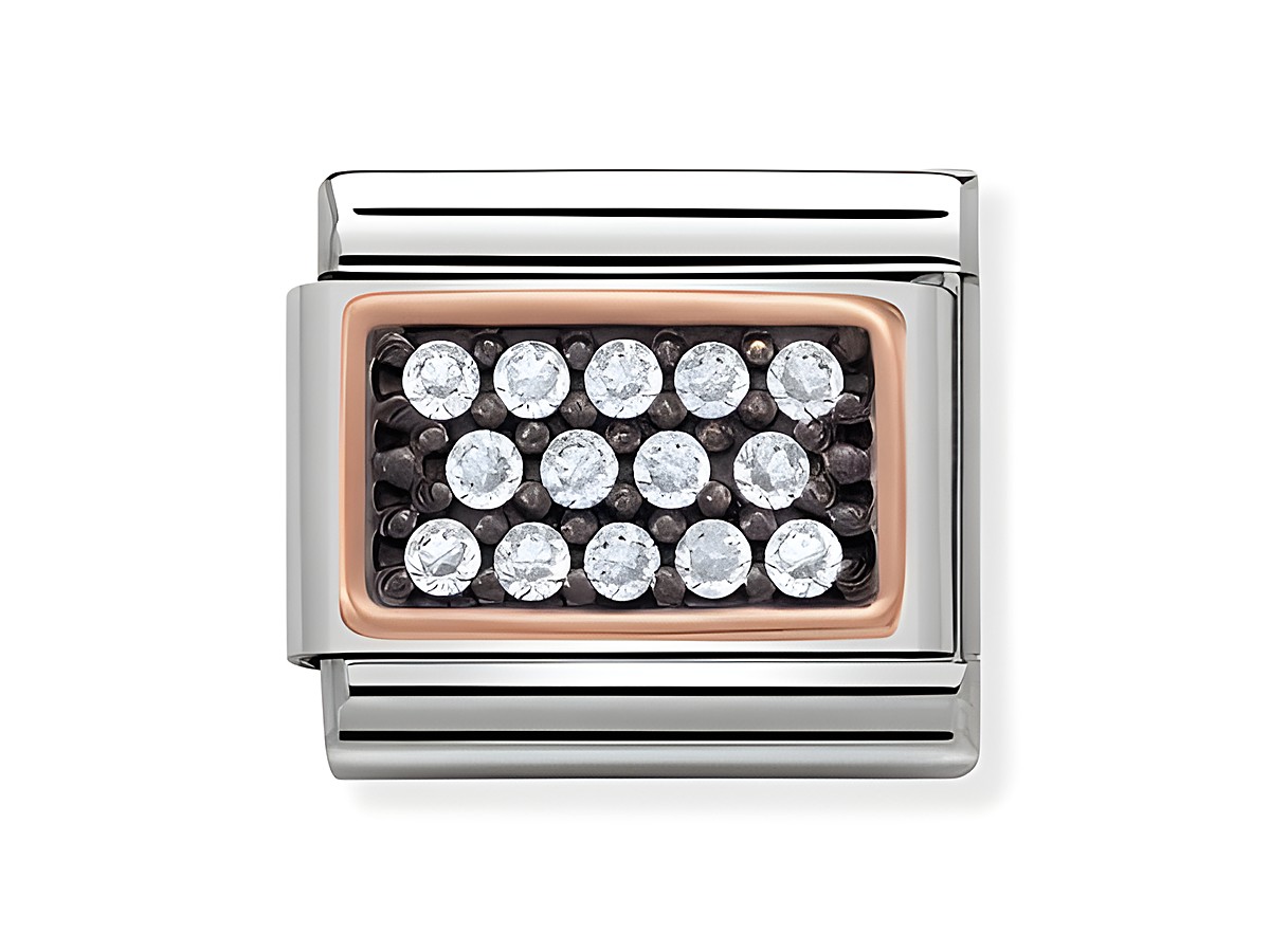 Rechteckiger Charm aus Edelstahl mit roségoldener Umrandung und funkelnden Steinen in einer eleganten Anordnung, Hersteller Nomination, Modell 430313 08 PAVE aus der Composable Classic Serie.