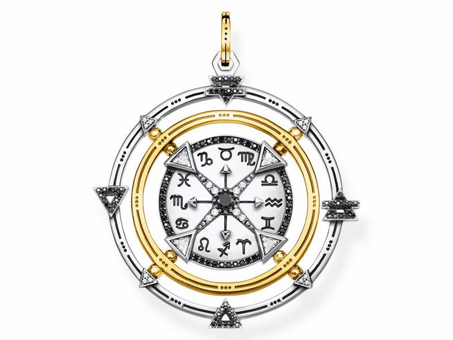 Thomas Sabo Anhänger PE906-849-7 aus Sterling Silber, vergoldet in Gelbgold, mit geschwungenen Designs und mehrfarbigen Zirkonia-Steinen, dargestellt in einem eleganten, astrologischen Motiv.