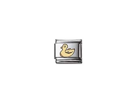 Ein glänzendes Schmuckelement von Nomination mit einer goldenen Ente auf silbernem Hintergrund, das für seine verspielte und niedliche Gestaltung steht. Geeignet für Tierliebhaber.