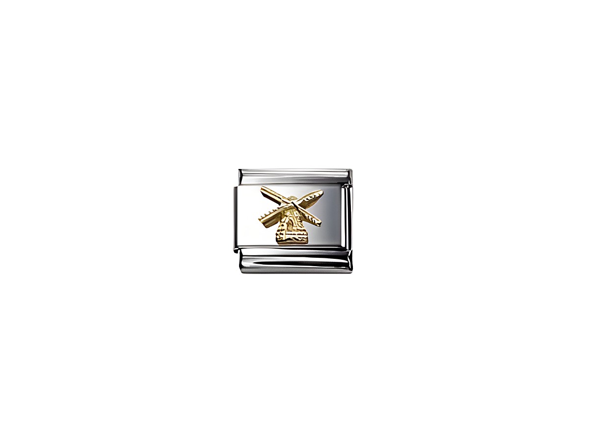 Ein silbernes Schmuckelement mit einer goldenen Darstellung einer Windmühle. Das Design kombiniert edle Materialien und symbolisiert klassischen Charme. Ideal für eine modische Ergänzung.