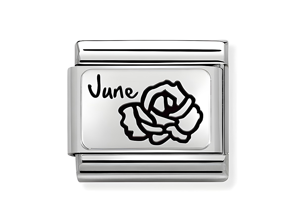 Silberner Charm von Nomination mit dem Schriftzug Juni und einer stilisierten Rosenblüte, aus Edelstahl und Sterling Silber, passend zu Monatssteinen und Sternzeichen.
