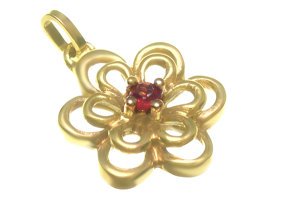 Blume Granat Gold Anhänger in Gelbgold, mit einem zentralen Granat verziert, hergestellt von Juwelier Harnisch. Ein elegantes Schmuckstück für individuelle Akzente.