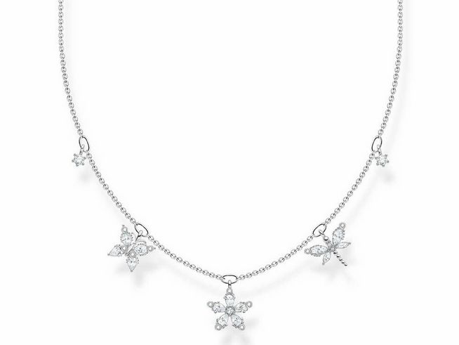 Die Thomas Sabo Charming Schmetterling Kette aus Sterling Silber mit weißen Zirkonia ist elegant gestaltet und zeigt Schmetterlings- und Blütenanhänger, verstellbar von 40 bis 45 cm.