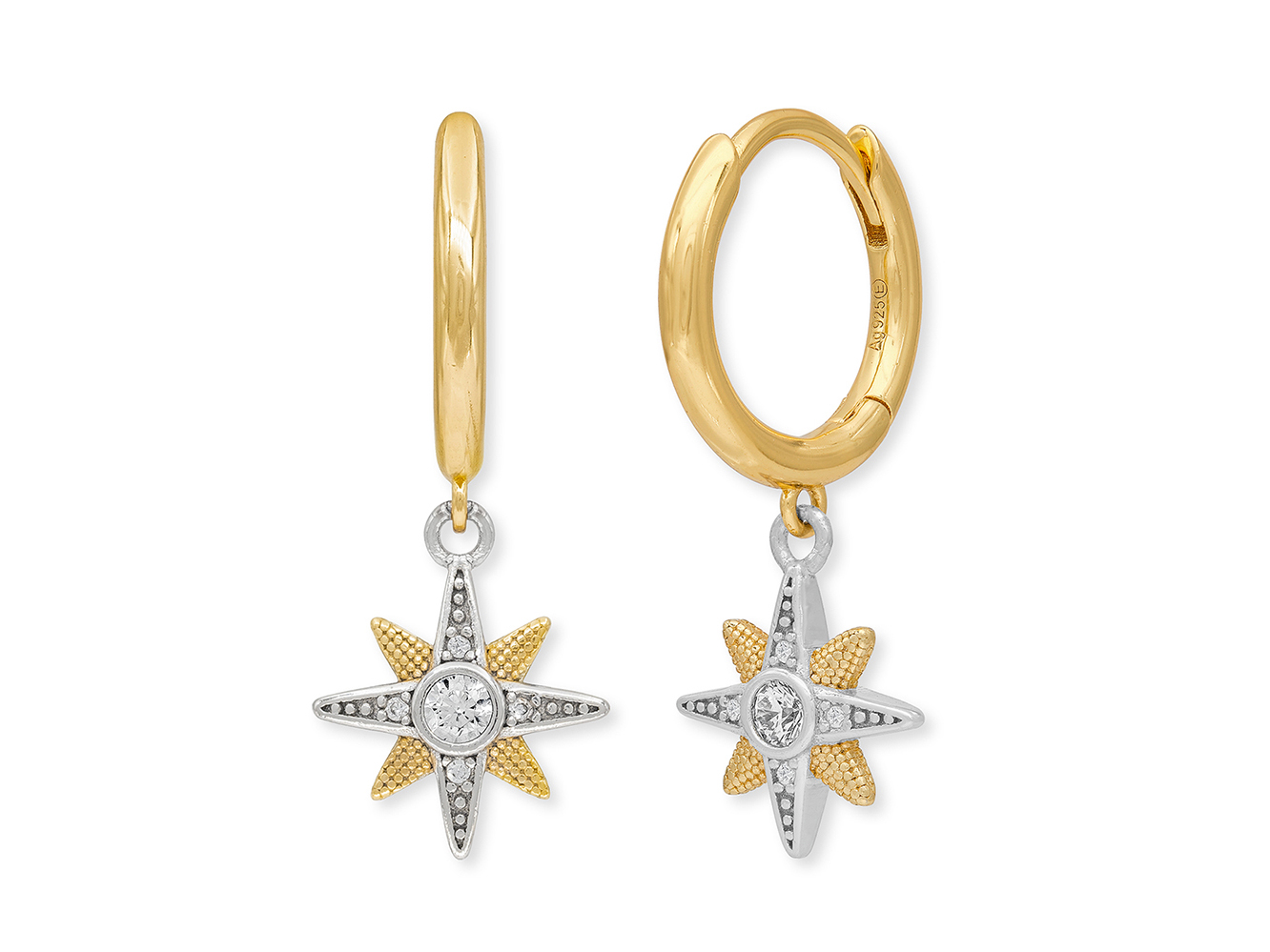Engelsrufer ERE-NEWSTAR-ZI-BI-CR NEWSTAR Creole New Star Bicolor Ohrringe aus gelbgold vergoldetem Silber mit Zirkonia, 14 mm, elegantes Design mit Sternanhängern.