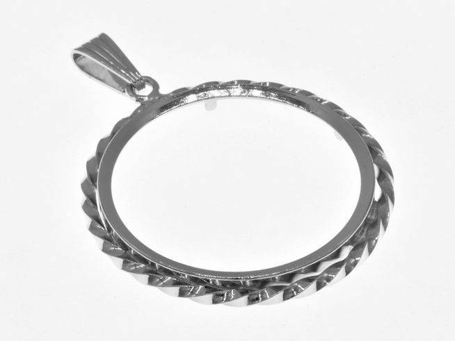 Münzfassung Anhänger aus echtem rhodiniertem Silber, geeignet für Münzen mit einem maximalen Durchmesser von 30,6 mm und bis zu 3,5 cm. Hergestellt von Juwelier Harnisch.