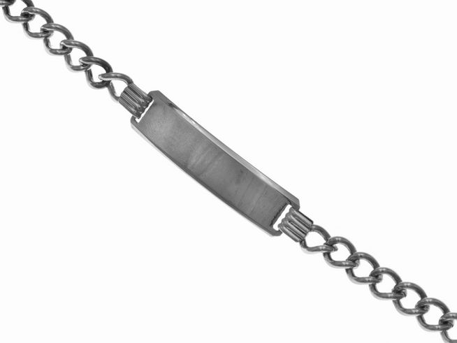 Armband Gravur aus poliertem Sterling Silber, schlichtes Design mit einer gravierbaren Platte, Kettenelemente, Länge 19 cm, Hersteller Juwelier Harnisch, geeignet für individuelle Identifizierung.