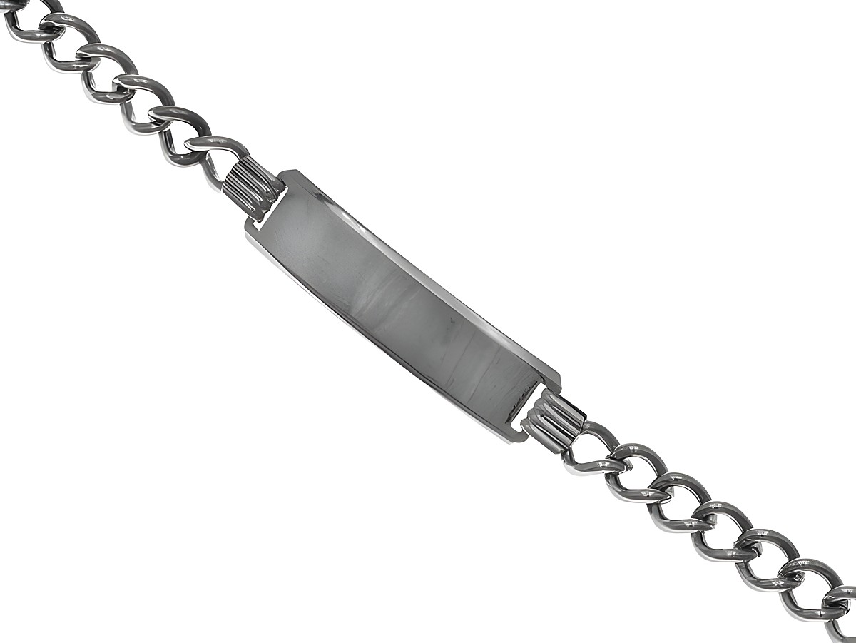 Armband Gravur aus poliertem Sterling Silber, schlichtes Design mit einer gravierbaren Platte, Kettenelemente, Länge 19 cm, Hersteller Juwelier Harnisch, geeignet für individuelle Identifizierung.