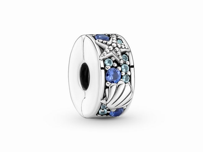 Tropischer Seestern und Muschel Clip-Stopper-Charm aus Sterling Silber mit blauen und aquamarinfarbigen Kristallen, glänzend und detailliert gestaltet, ideal für Armbänder.