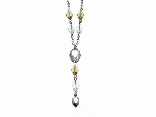 Y-Kette mit Anhänger edel aus Sterling Silber und weißem sowie champagnerfarbenem Kristall, Länge 42 cm, Hersteller Juwelier Harnisch, Mittelteil Colliers, modernes und elegantes Design.