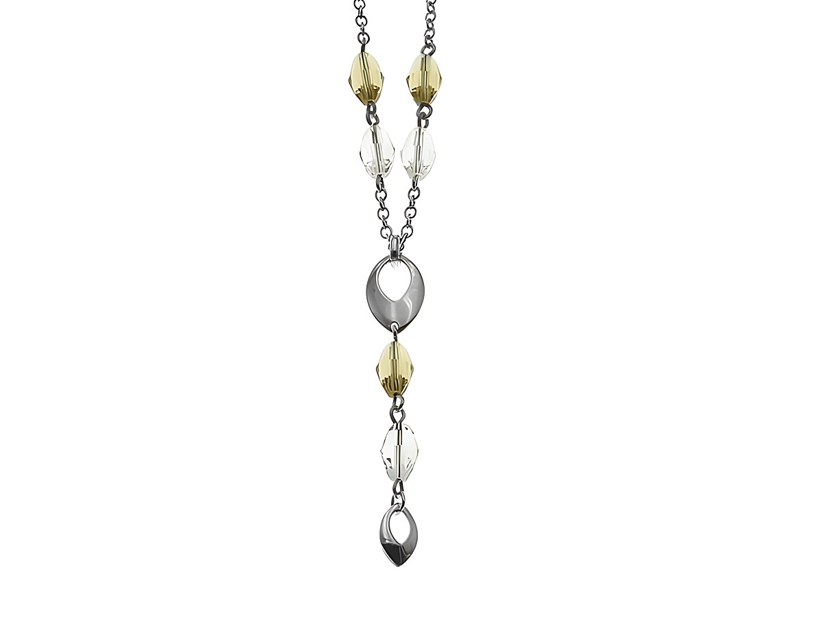 Y-Kette mit Anhänger edel aus Sterling Silber und weißem sowie champagnerfarbenem Kristall, Länge 42 cm, Hersteller Juwelier Harnisch, Mittelteil Colliers, modernes und elegantes Design.