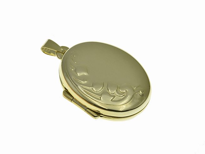 Ovales Medaillon mit blumigem Design aus Sterling Silber, vergoldet in Gelbgold, hergestellt von Juwelier Harnisch, elegant und zeitlos.