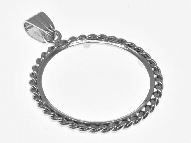 Münzfassung Anhänger aus rhodiniertem 925 Sterling Silber mit Kordel-Design, geeignet für Münzen mit einem Durchmesser von bis zu 26 mm, Hersteller Juwelier Harnisch.