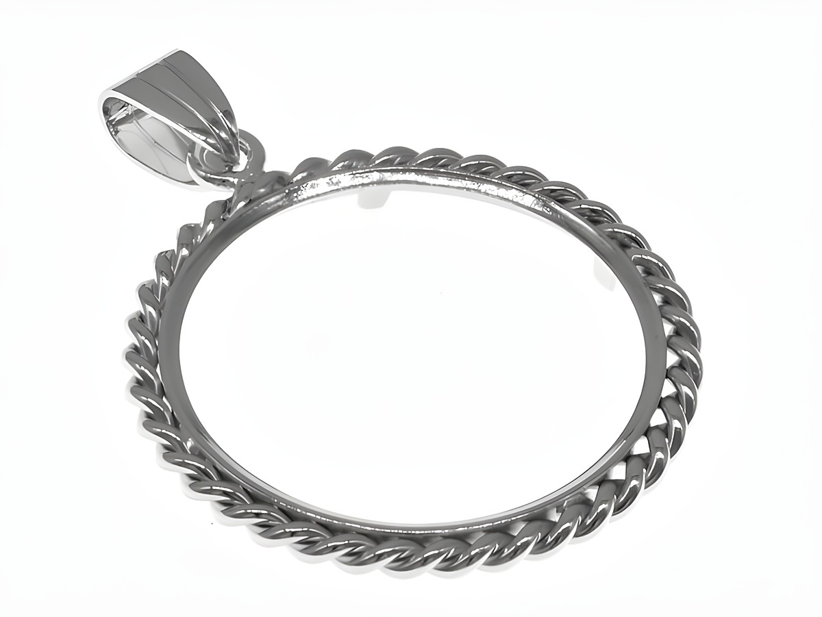 Münzfassung Anhänger aus rhodiniertem 925 Sterling Silber mit Kordel-Design, geeignet für Münzen mit einem Durchmesser von bis zu 26 mm, Hersteller Juwelier Harnisch.
