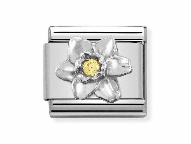 433031114-0 Design aus Sterling Silber mit einer gelben Zirkonia in der Mitte einer stilisierten Narzisse, gefertigt von Nomination Silvershine Motive, ideal für eine personalisierte Armbanduhr.