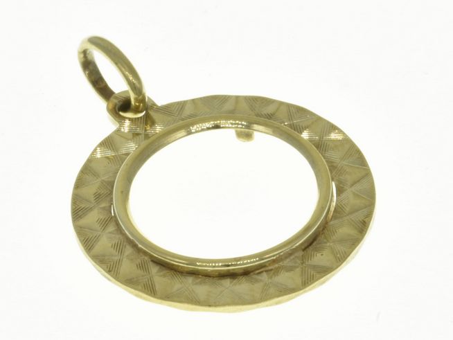 Münzfassung Anhänger aus 585 Gold, diamantiert, für maximale Münzgrößen von 15,7 mm Durchmesser, hergestellt von Juwelier Harnisch, kunstvoll verziert.