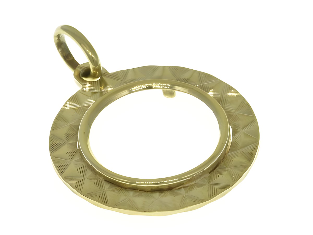 Münzfassung Anhänger aus 585 Gold, diamantiert, für maximale Münzgrößen von 15,7 mm Durchmesser, hergestellt von Juwelier Harnisch, kunstvoll verziert.