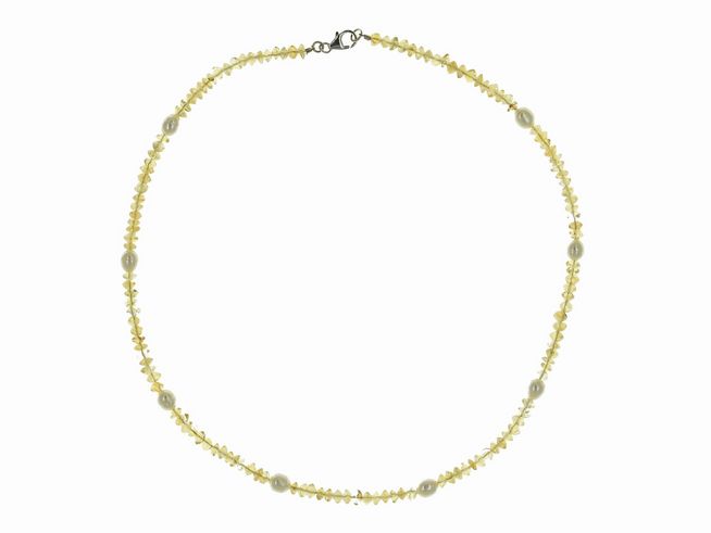 Steinkette aus Citrin und Süßwasser-Zuchtperlen in Gelb und Weiß, 45 cm lang, mit Silberverschluss. Elegantes Schmuckstück von Juwelier Harnisch.