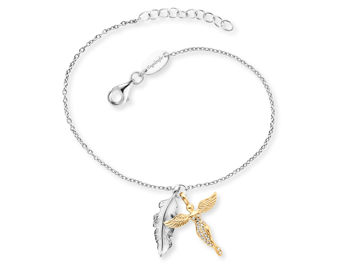 Armband aus Silber mit rhodiniertem Schmuck, versehen mit einem goldfarbenen Engel und einer Feder, dekoriert mit Zirkonia, Hersteller Engelsrufer, Länge 17 cm.